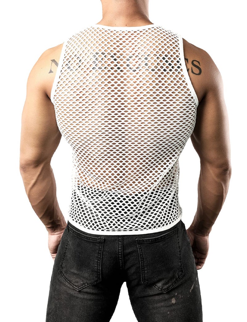 JOGAL Men's Mesh Fishnet Fitted Sleeveless Muscle Top Medium WG01 White - Image 3